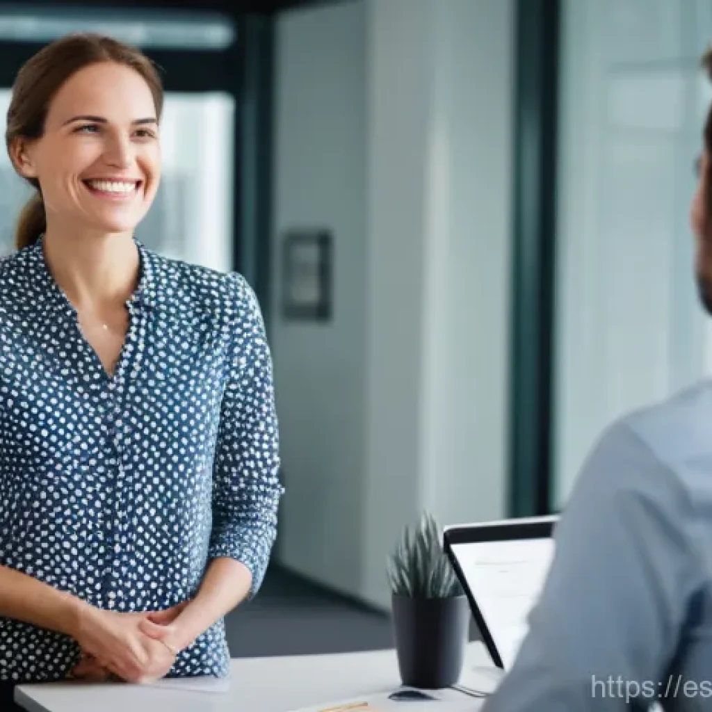 신체 언어로 자신감 강화하기 - A professional woman stands confidently in a well-lit modern office, engaging in a conversation with...