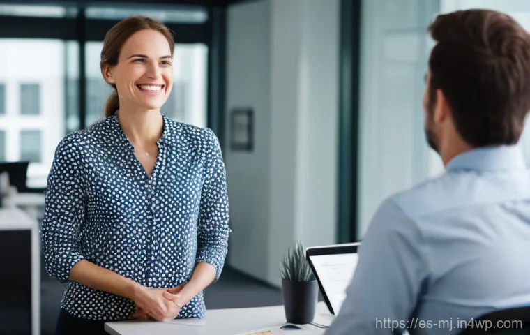 신체 언어로 자신감 강화하기 - A professional woman stands confidently in a well-lit modern office, engaging in a conversation with...