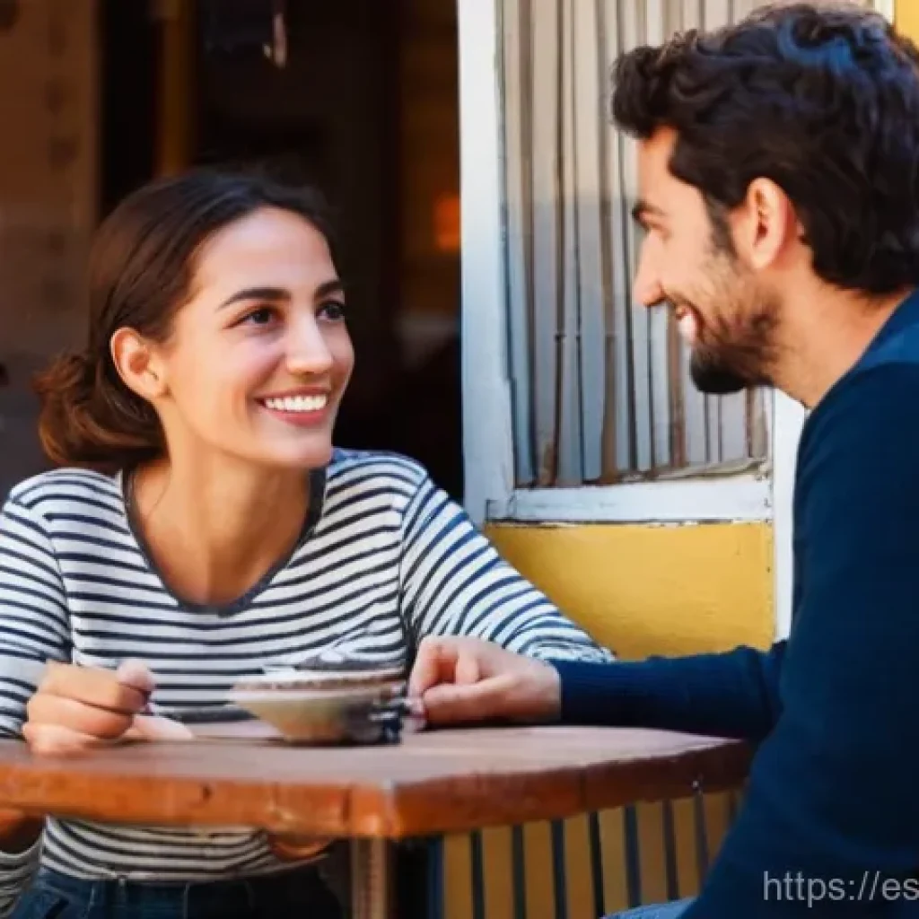 비언어적 소통과 연애의 관계 - **Prompt 1: "First Sparks in a Madrid Cafe"**
A young couple, in their late 20s, sharing a warm,...