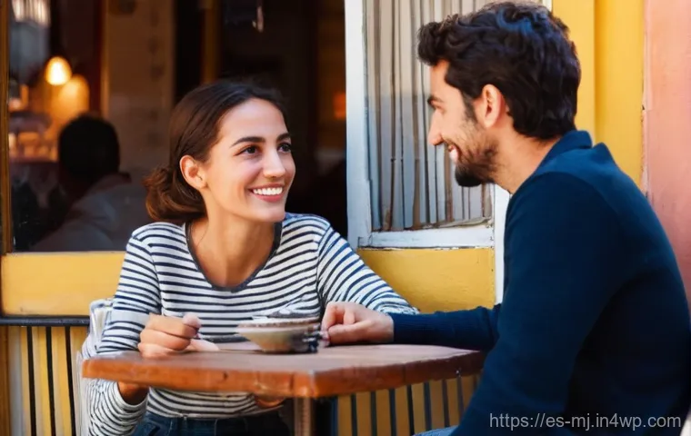 비언어적 소통과 연애의 관계 - **Prompt 1: "First Sparks in a Madrid Cafe"**
A young couple, in their late 20s, sharing a warm,...