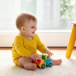 Home 22 비언어적 신호로 감정 조절하기 - **Prompt 1: Joyful Toddler's Playtime in a Sunny Living Room**
A happy, chubby toddler, approxim...