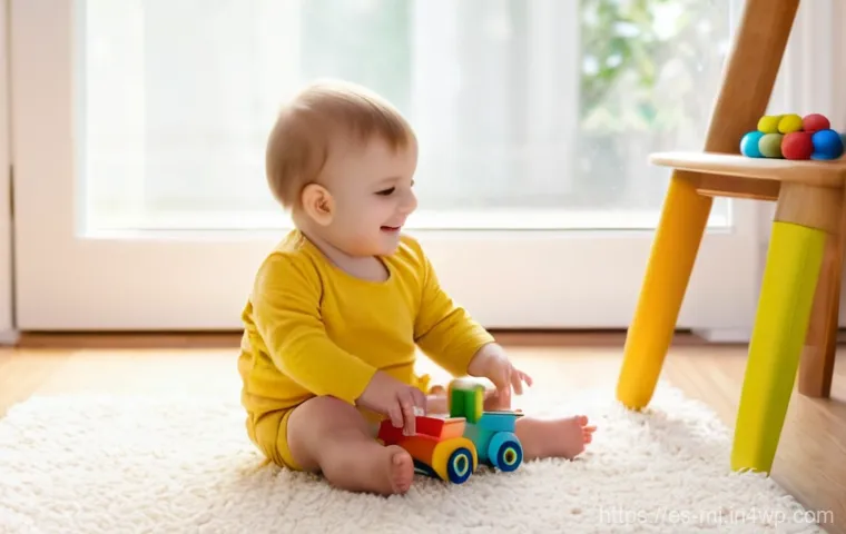 비언어적 신호로 감정 조절하기 - **Prompt 1: Joyful Toddler's Playtime in a Sunny Living Room**
A happy, chubby toddler, approxim...