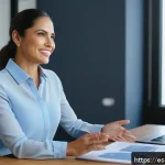 Home 19 비언어적 커뮤니케이션의 기본 기술 - A professional Hispanic businesswoman in her 30s, seated confidently in a modern office with natural...