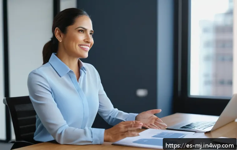 비언어적 커뮤니케이션의 기본 기술 - A professional Hispanic businesswoman in her 30s, seated confidently in a modern office with natural...
